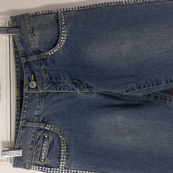 Urban Groove Rhinestones Straight Leg Light Wash Blue Jeans Size SA Waist 28 - Picture 6 of 16